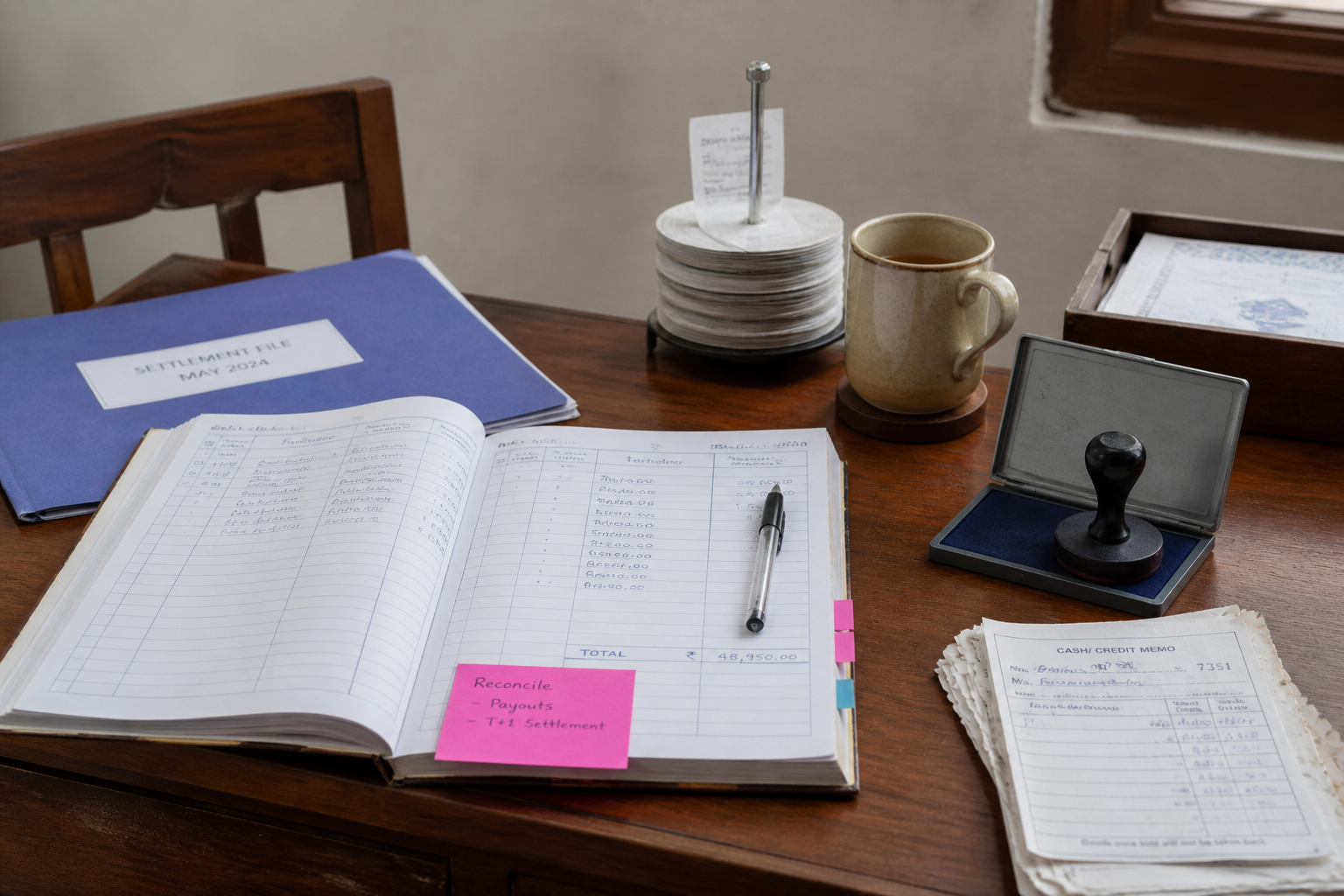 Settlement ledger and receipt desk used to operate a digital payment gateway for India merchants