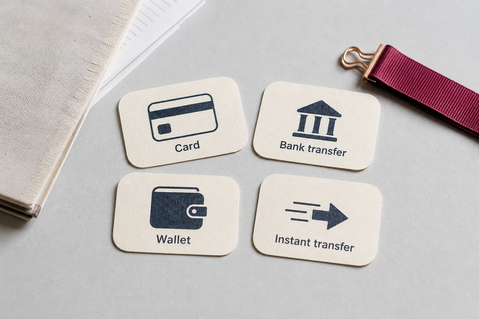 Paper tokens representing UPI, card, wallet and bank rails inside a digital payment gateway checkout