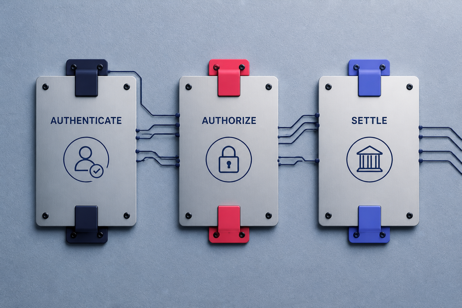 Authorization path switchboard showing authenticate, authorize and settle stages